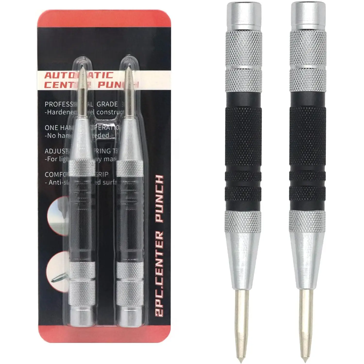 2- Automatic Center Punch, 6 Inch Hardened Steel Spring Loaded Center Hole Punch with Adjustable Knurled Cap for Machinists and Carpenters