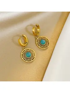 New style titanium steel geometric circular hollow-out earrings with turquoise, French vintage stud earrings, European and American ins style ear jewelry
