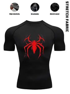 1-Pack Men’s Quick Dry Compression T-Shirt with Spider Print, High Stretch Breathable Athletic Base Layer Tee, Moisture Wicking Performance Shirt for Gym, Fitness, Running, Outdoor Training, Exercise & Daily Active Wear