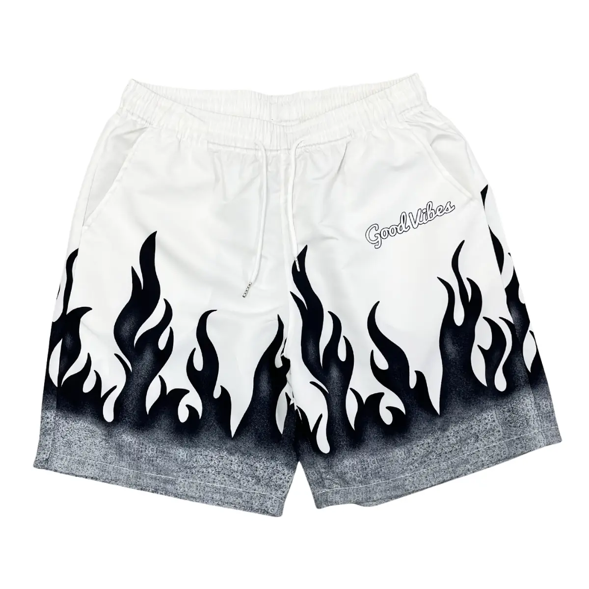 Edgy Men's Casual Shorts - Black Flame Graphic & Spray Paint Hem, Versatile for Street Style & Daily Outfits