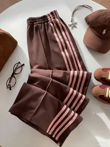 A women's wine red high-waisted slim-waist Fitted loose straight-leg fashionable casual sports pants, suitable for summer, daily outings, and home wear.