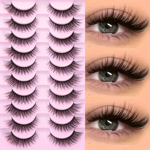 Natural Look Hypoallergenic 10 Pairs 3D Faux Mink Eyelashes, Fluffy Cat Eye Lashes, Fluffy False Eyelashes, 13mm Long for DIY, Stage, Daily Wear, Wispy Lashes, D Curling Lash Strips, Reusable