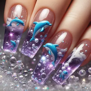 24pcs of Medium-Long Purple Ocean-Themed Dolphin Press-On Nails, Removable Nail Stickers, Convenient for Daily Wear, Outings, Parties, And Vacations.
