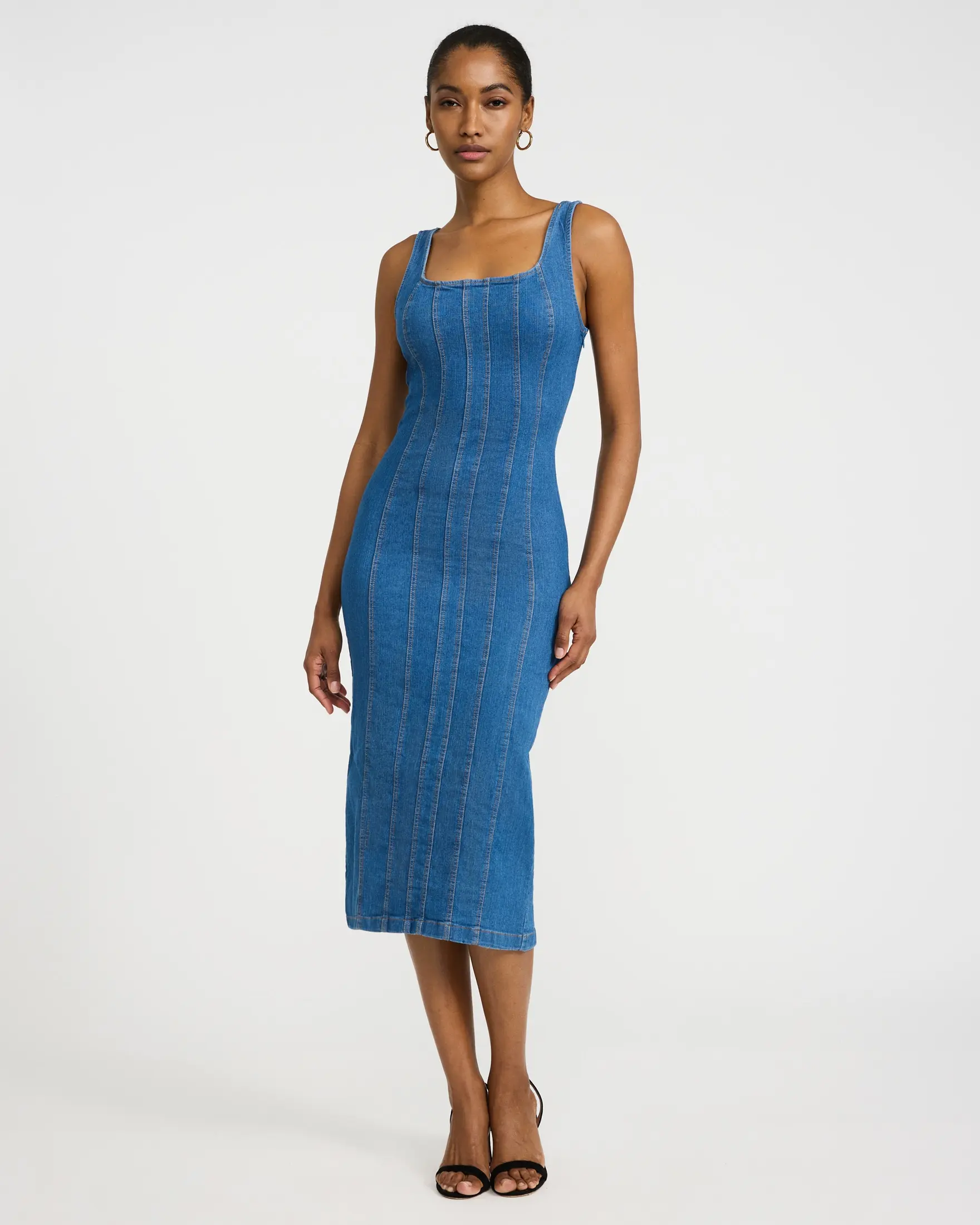 Express Stretch Denim Scoop Neck Seamed Midi Dress