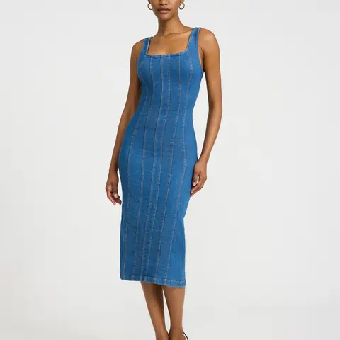 Express Stretch Denim Scoop Neck Seamed Midi Dress