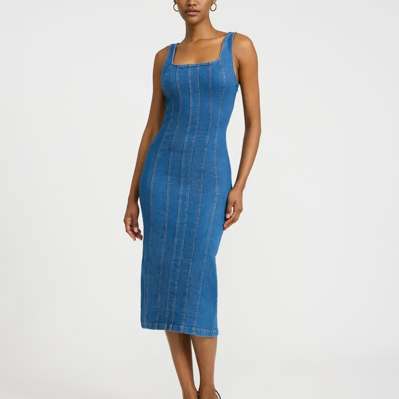 Express Stretch Denim Scoop Neck Seamed Midi Dress