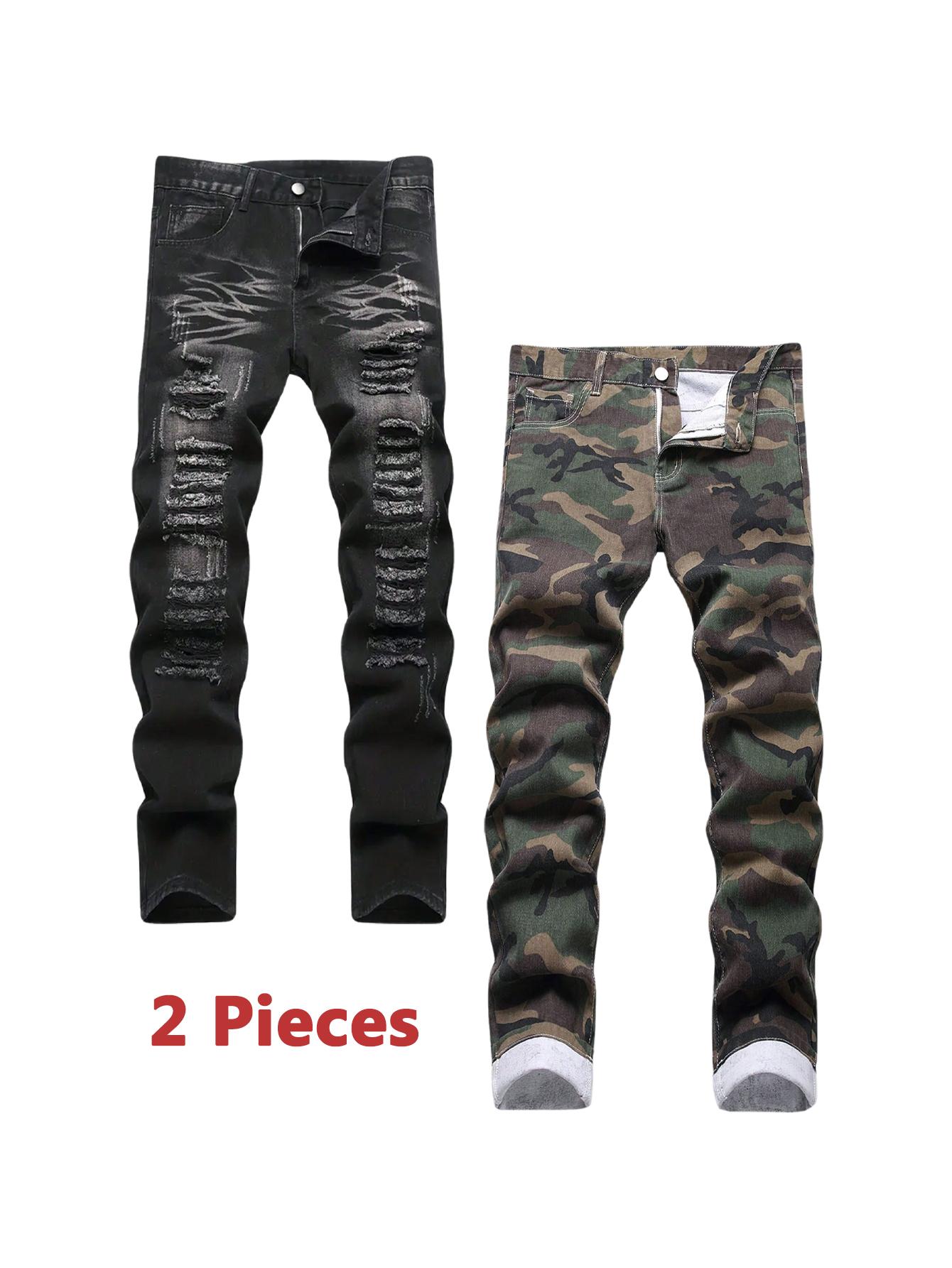 2 Pieces Men's Jeans Black & Camouflage Pattern Fashion Denim Pants Y2k Streetwear Ripped Casual Trouser Pocket Menswear