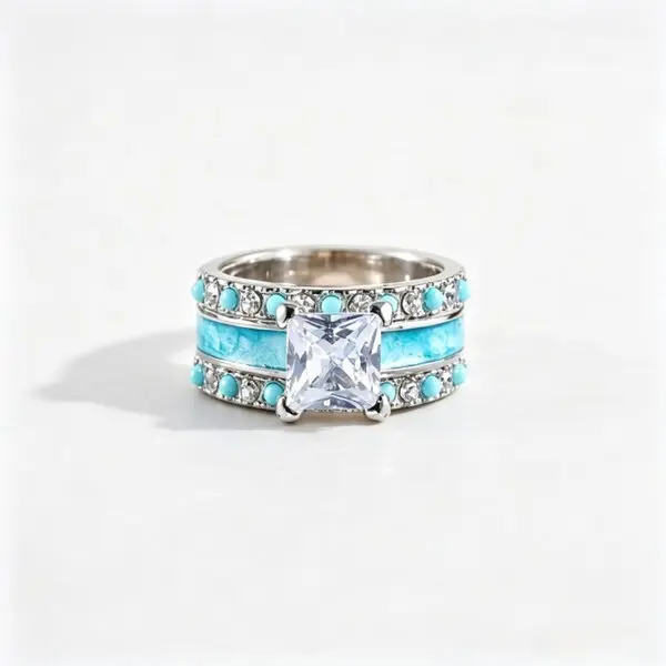 3-Piece Ring Set – Women's turquoise engagement and wedding stackable ring set featuring a silver-plated princess-cut cubic zirconia ring; a Southwestern-inspired, durable stackable design that makes an ideal gift for weddings