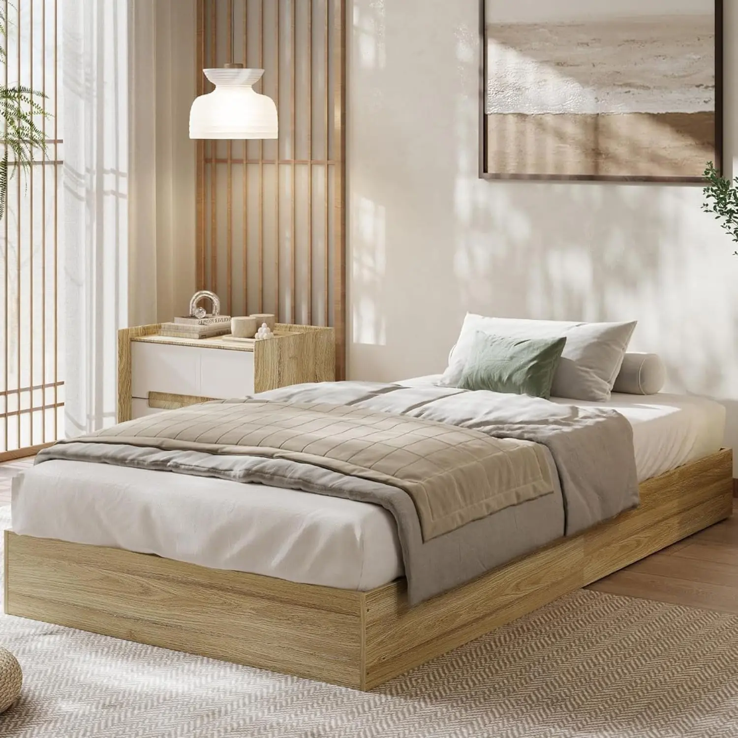 Twin XL Size Wood Platform Bed Frame,Wooden Bed Frame Without Headboard,Floor-Standing Bed Frame,Wood Slat Support,No Box Spring Needed,Easy Assembly,Burlywood