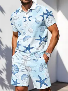 Men's Two-Piece Set, Starfish Shell Print Polo Shirt and Shorts, Casual Short Sleeve Ocean Style, Summer Beach Sports