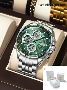 Waterproof Electronic LED Fashion Leisure Watch Dual Time Zone Display Digital Stainless Steel Men's Quartz WatchPOEDAGAR Top Men's Waterproof Electronic LED Fashion Leisure Watch Dual Time Zone Display Digital Stainless Steel Men's Qua