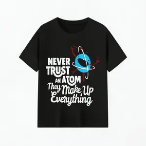 Unisex Black Funny Science Atom Joke Graphic Tee - Cute Dancing Cartoon STEM Shirt, Gift for Physics Chemistry Teacher