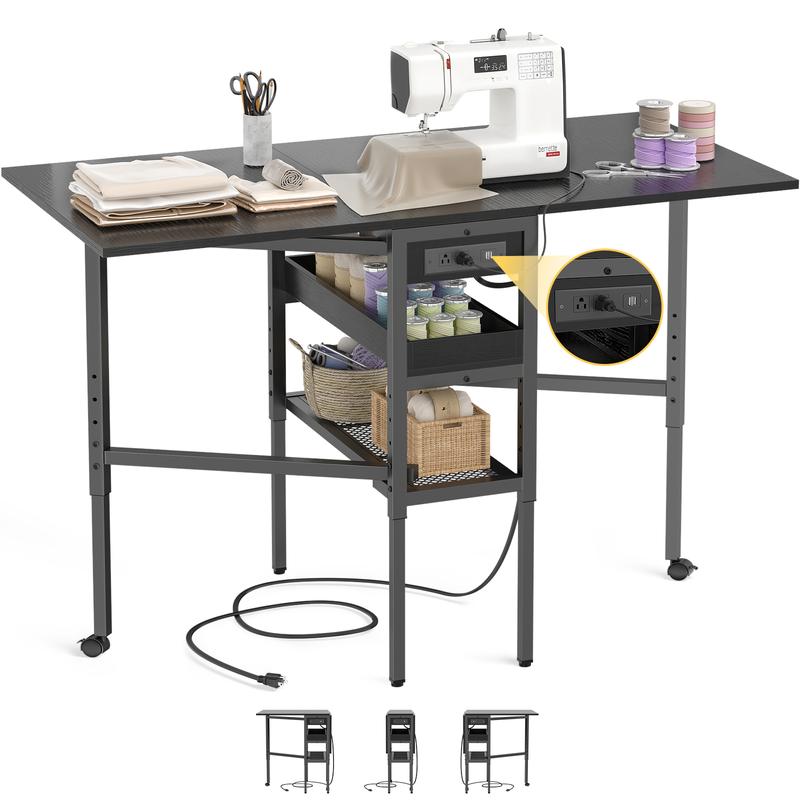 Height Adjustable Folding Sewing Cutting Table with Charging Station 50 Inch Storage Craft Table for Sewing Room & Craft Room