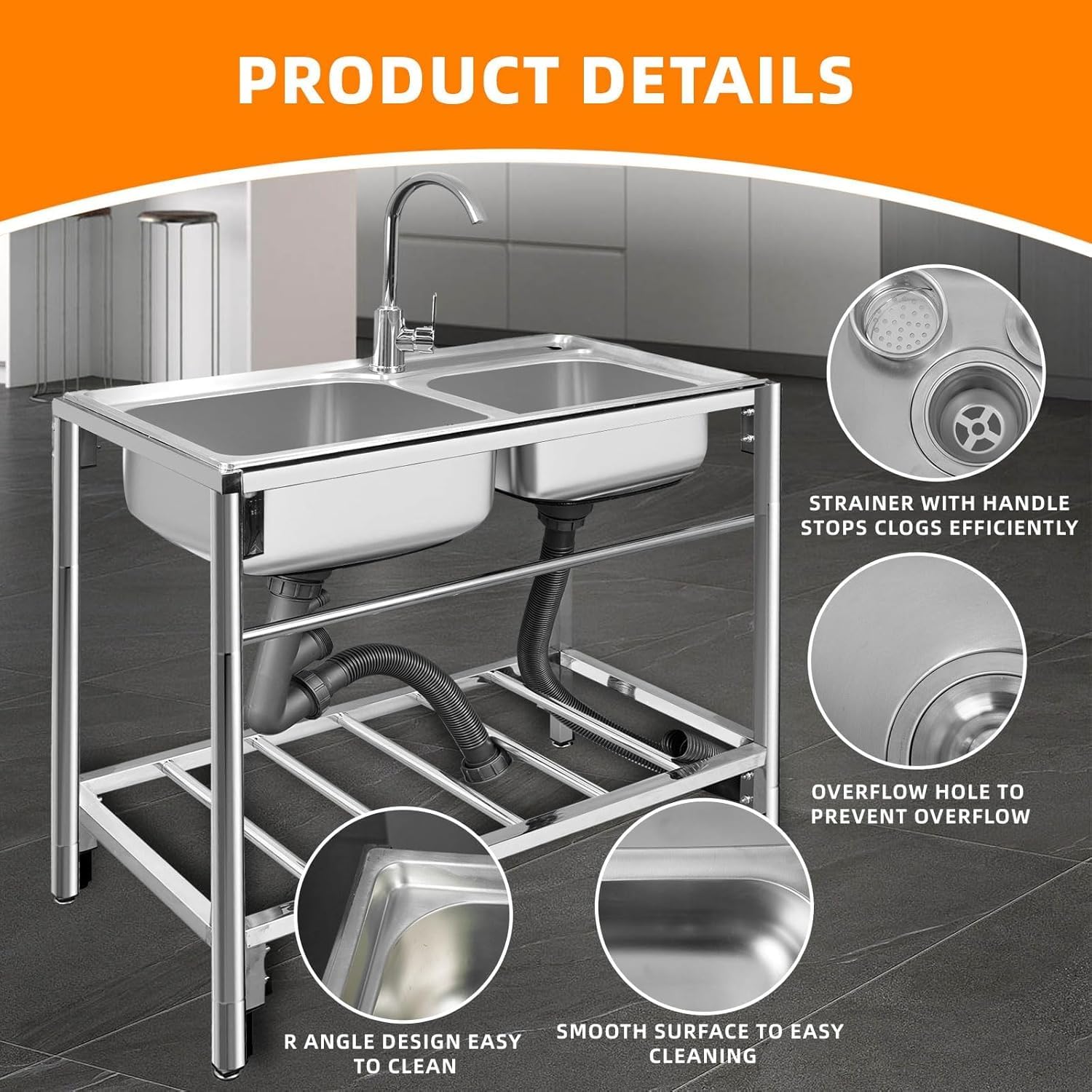 Freestanding Double Bowl Sink, 31.5" x 16.9" x 29.5" Stainless Steel Kitchen Sink, Outdoor Utility Sink with Hot Cold Faucet, Ideal for Restaurant, Kitchen, Laundry, Garage