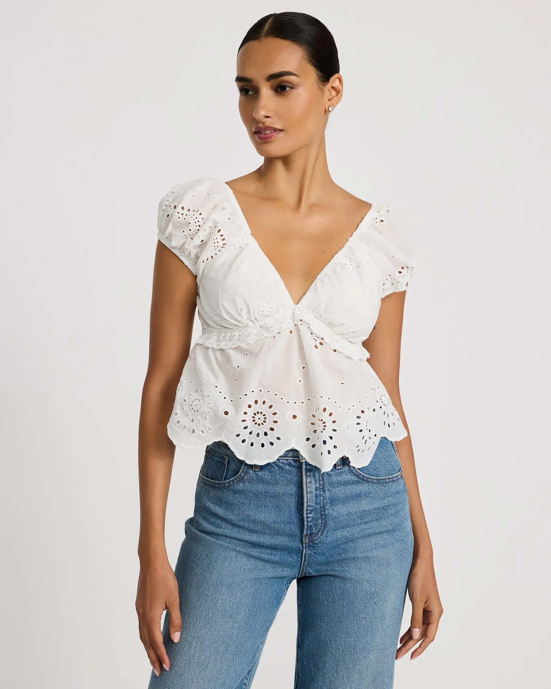 Express Cotton Eyelet V-Neck Puff Sleeve Top