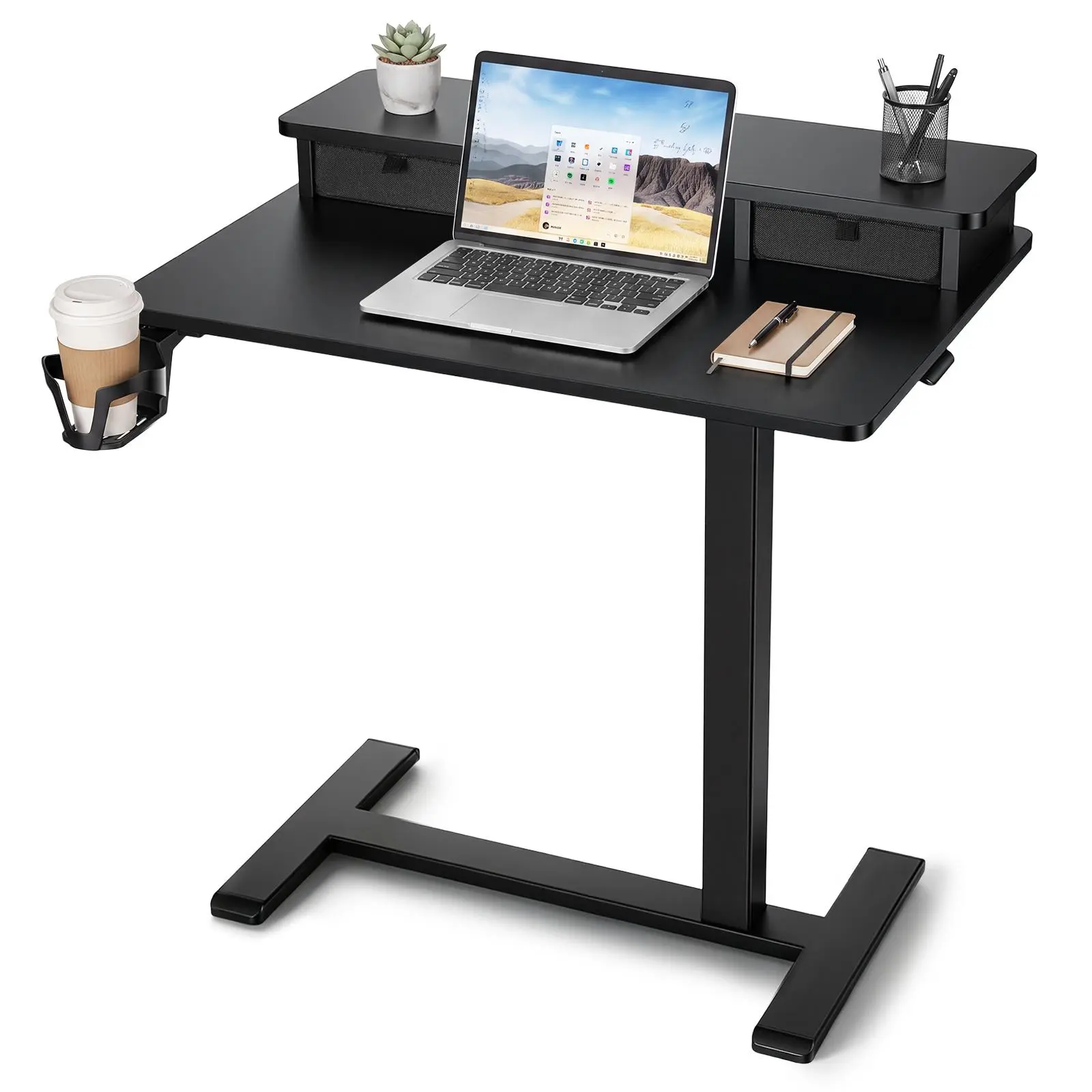 VEVOR Overbed Table, 27.6"W x 19.7"D Mobile Bedside Desk with Hidden Rolling Wheels, Height Adjust Function, 2-Layer Top, Drawer, Cup Holder, for Home Office & Bed, Black Standing Cart