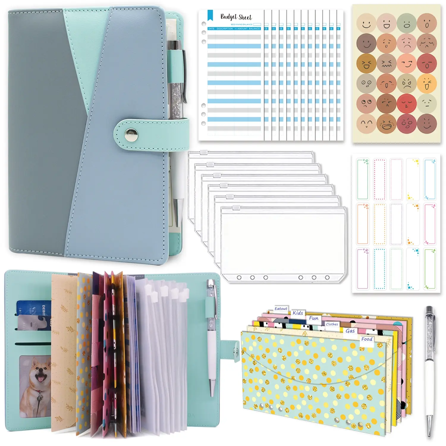 A6 PU Budget Envelopes Saving Cash Storage Savings Binder Set with 12 Paper Envelopes, 6 PVC Transparent Pockets, Diamond Pen & Stickers Organizer Kit