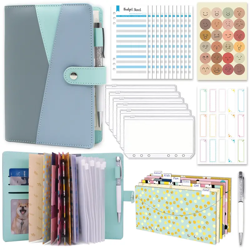 A6 PU Budget Envelopes Saving Cash Storage Savings Binder Set with 12 Paper Envelopes, 6 PVC Transparent Pockets, Diamond Pen & Stickers Organizer Kit