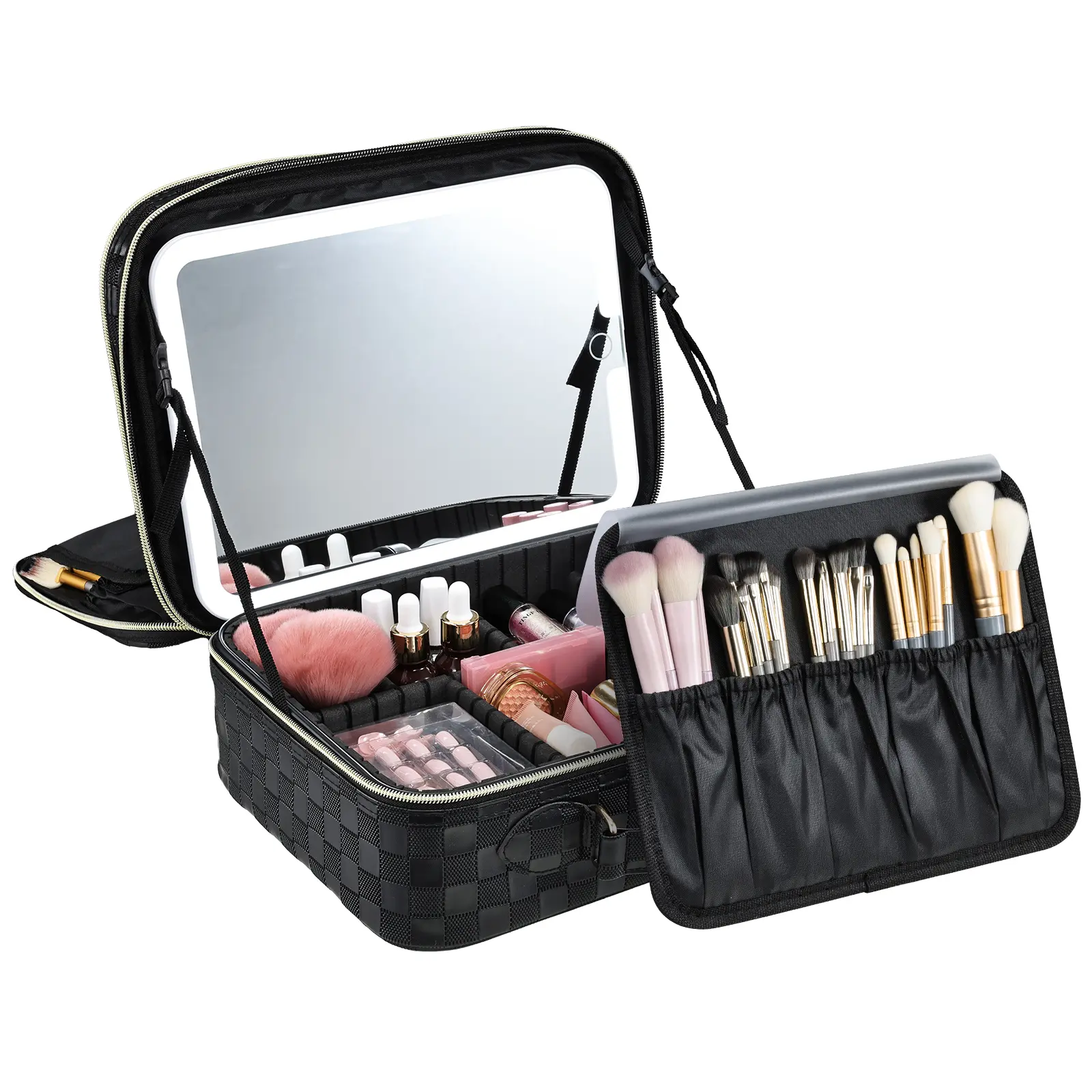 Double Layer Makeup Bag with LED Mirror Large Makeup Case Travel Cosmetic Train Case with Adjustable Dividers Brush Holder