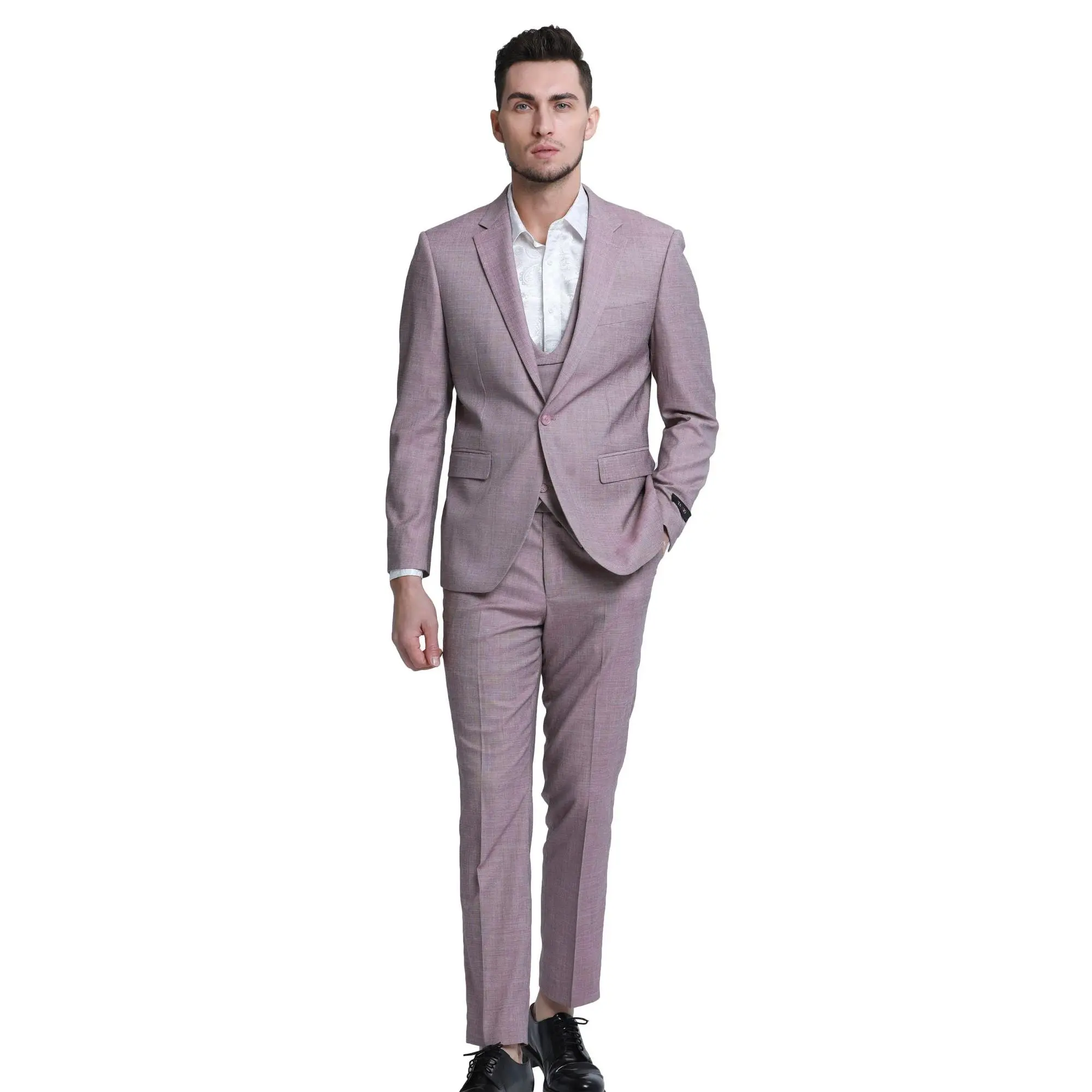 Men’s 3-Piece Slim Fit Textured Suit with Satin Peak Lapel - Rose