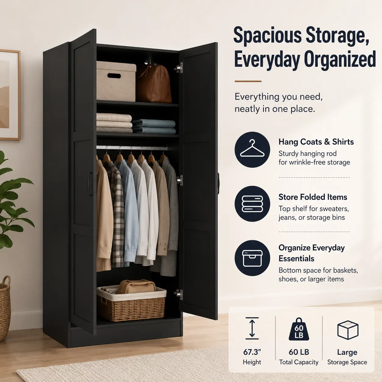 Double-door wooden storage cabinet, equipped with adjustable shelves and hanging rods, designed in a modern minimalist style.