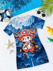 One Piece Tony Tony Chopper Cute Combat Style Kids One-Piece Swimsuit Short Sleeve - Beach & Pool Scene, Blue Wave Pattern, Skin-Friendly & Breathable for Summer Water Fun