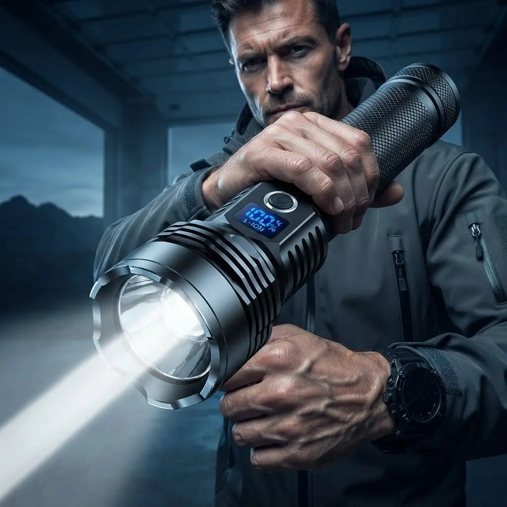 Rechargeable Tactical Flashlight, 1000LM Luminous P70 LED with Zoom & LCD Display, Waterproof Aluminum Body for Camping, Supports 26650/18650/AAA Cells, Batteries, Fastcharging, Nightlight, Yes, 26650 / 18650 / Aaa Batteries