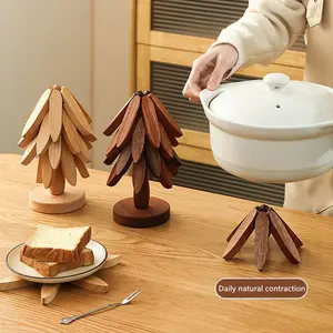 Natural Foldable  Trivet Set - 4 Trivets + 1 Stand for Hot Dishes, Pot, Bowl, Teapot, Hot Pot Holders，Foldable Kitchen Decorfor Pots, Bowls, Cups & Hot Pots Kitchenware