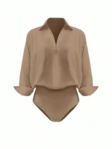 Flap Collar Casual Solid Color Jumpsuit, Fitted Plain Style, All Seasons Wear, Elegant Women's One-Piece, Casual Comfy Jumpsuit