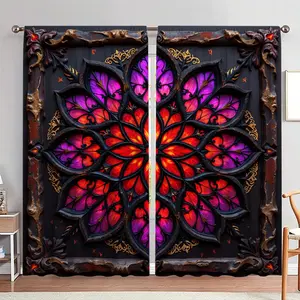 Colorful Stained Glass Print Door Curtain, 1 Set Gothic Style Door Curtain, Home Decor for Living Room Bedroom, Room Divider Curtain, Window Curtain