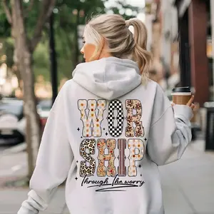 Worship Through The Worry Hoodie - Soft Gray Sweatshirt with Leopard Print Design for Women