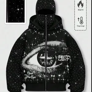 Rhinestone Eye print zipper cardigan men's hoodie, Graphic hoodies, sleeve hat hot rhinestone, sparkling starry sky unisex hoodie European and American street jacket, autumn and winter plus velvet hoodie good for Instagram style Menswear Long Sleeve
