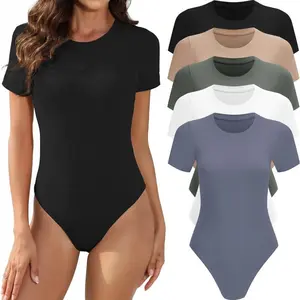 Women's Short Sleeve Round Neck Bodysuits - Casual & Minimalist Ribbed Stretchy Shapewear Tops for Tummy Control - Comfortable Fabric Bodysuits in Black White & Coffee