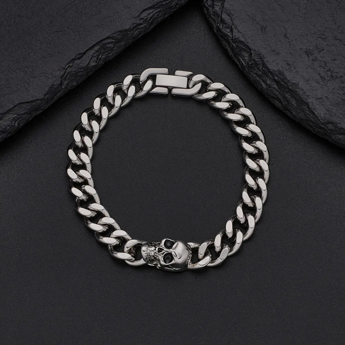 Men's Gothic Skull Motif Stainless Steel Magnetic Cuban Chain Bracelet - Male Halloween Fashion Costume Jewelry Gift