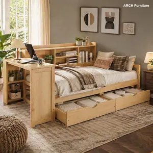 Twin Size Wood-Framed Corner Daybed with Storage Drawers, Desk, Charging Port, and Natural Color Bookcase - Indoor Bed Frame Furniture for Apartment, Stylish Room Decor, Wood-Framed Bed Frames