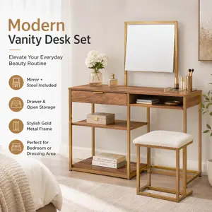 Super Vanity Desk with Storage Brown Makeup Vanity Table Chic Dressing Table with Drawers Shelves Mirror Style Beauty Desk for Bedroom Apartment Dorm Small Space Makeup Organizer Bedroom Furniture Modern Home Decor