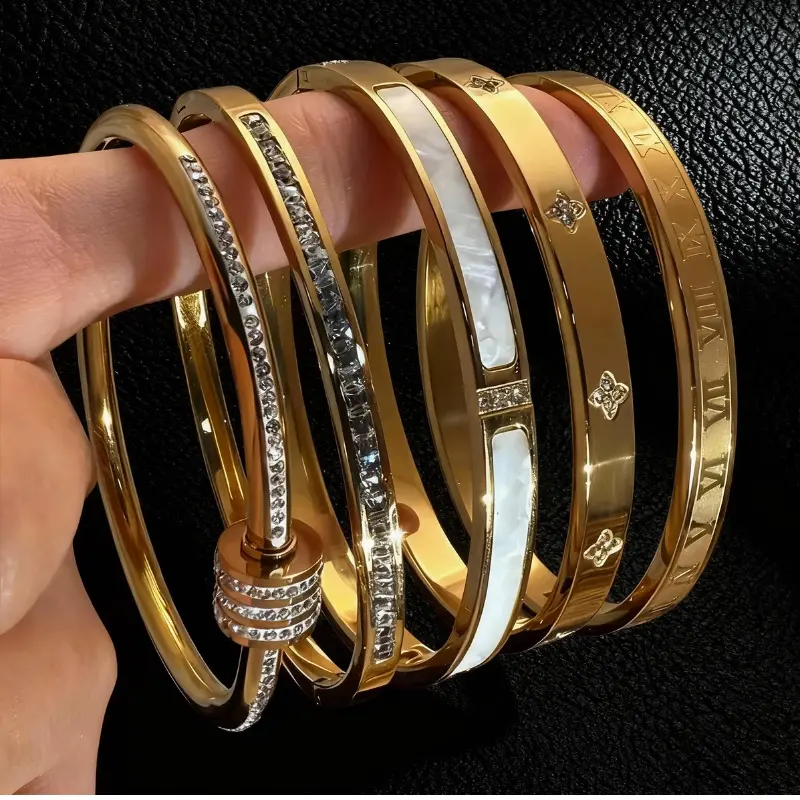 5 Pieces Stackable Stainless Steel Bangle Bracelet Set, Gold Silver Roman Numeral Shell CZ Inlaid Open Cuff Bangles Minimalist Layered Jewelry Gift for Women