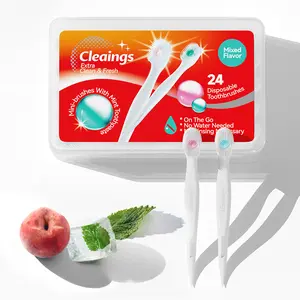 Cleaings 4-in-1 Portable Mini Brushes Set with Toothpaste Toothbrush Toothpick & Tongue Scraper Mint Flavor 24 Count  Oral Peach Capsule Pack sikat