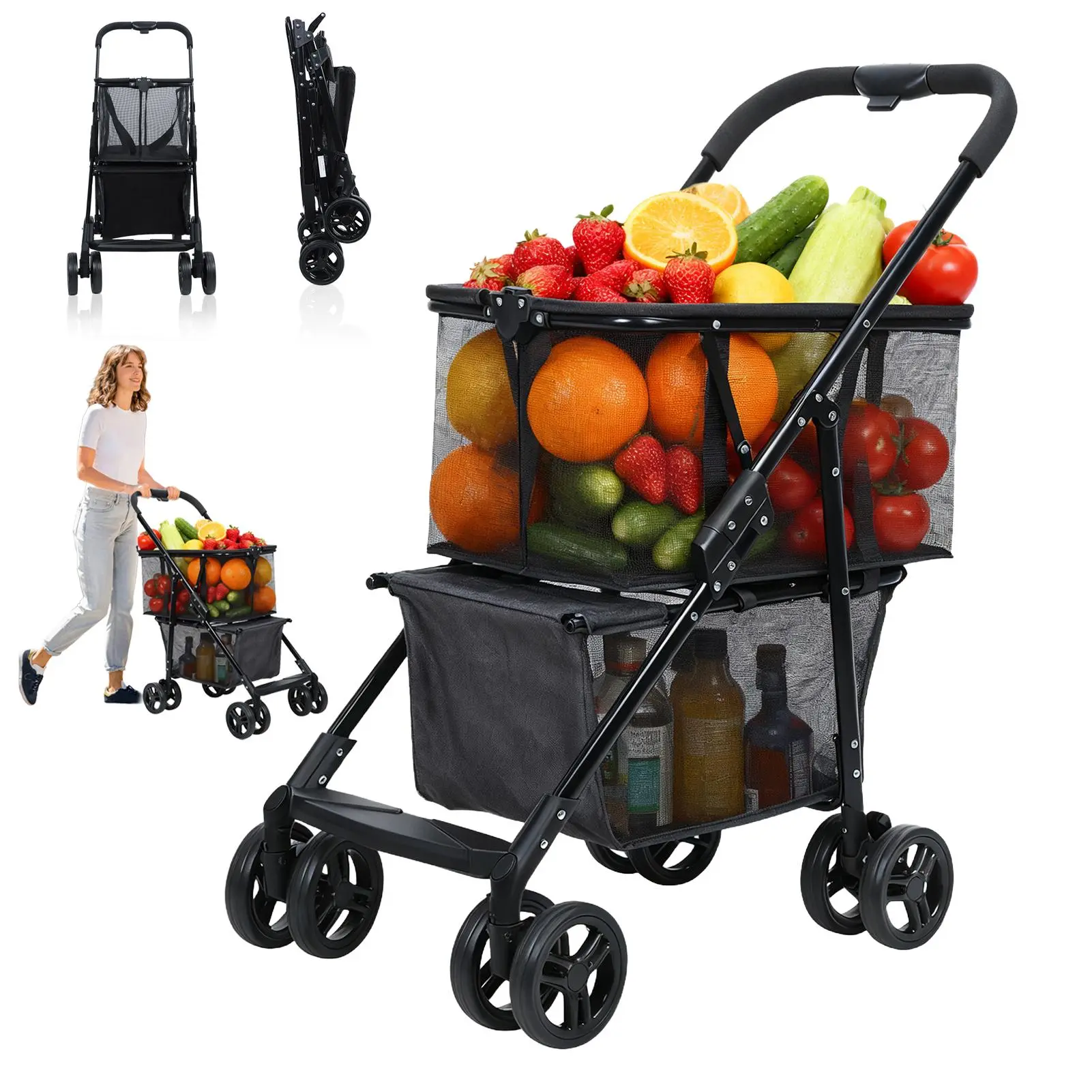 Collapsible Garden Cart, Mobile Folding Trolley with 360-Degree Rotatable Wheels, 3-Tier Dual-Compartment Freestanding Utility Cart, Double-Layer Metal Frame & Mesh Basket, Removable Carry Bag for Outdoor & Home Organization