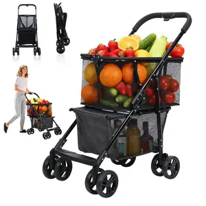 Folding Shopping Cart with Wheels, Multi Use Grocery Carts with 360° Wheels & Removable Tote Bag, Multifunctional Portable Personal Shopping Carts for Groceries