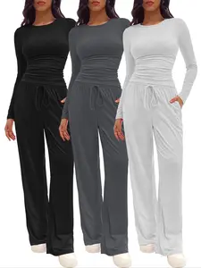 Two-piece Set Women's Solid Ruched Tee & Drawstring Pocket Pants Lounge Set, Casual Long Sleeve T-shirt & Elastic Waist Trousers, Pyjamas for Women, Ladies Sleepwear for All Seasons,  Lounge Tracksuit Women