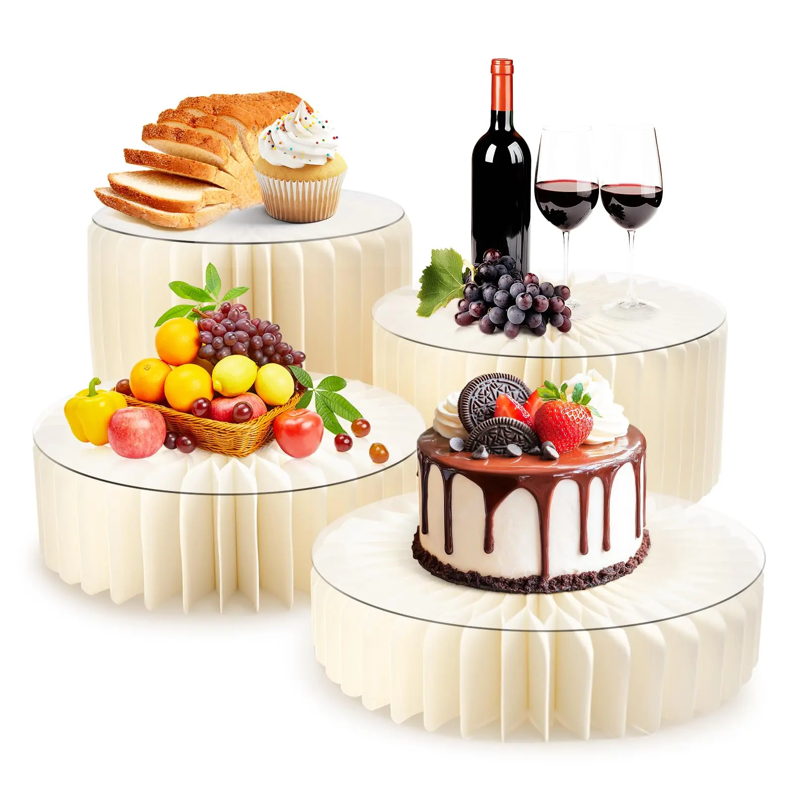 4-Pack Foldable Cylinder Buffet Food Display Risers, Multi-Height Pedestal Stands for Cakes, Cupcakes & Cheese, Home Supplies for Wedding Ceremony, Housewarming & Business Catering