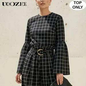 UOOZEE Women's New Spring Autumn Fashion Black White Plaid Flared Sleeves Round-Neck Blouse(ONLY TOP), Long Sleeves Loose Back-Zip Casual Elegant Office Shirts Tops