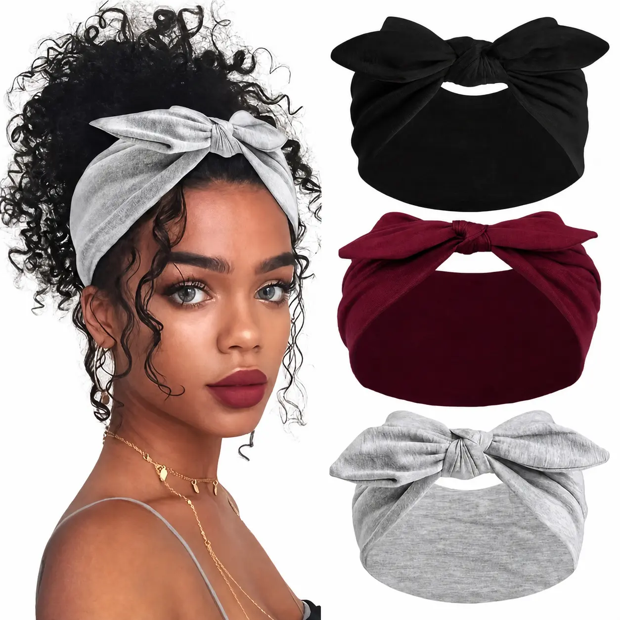 3-Pack Wide Rabbit Ear Elastic Ribbon Headbands,Non-Slip, Soft, Thick African Style, Comfortable Wide,Suitable for Outdoor Activities,Yoga, Valentine's Day,Christmas Gifts