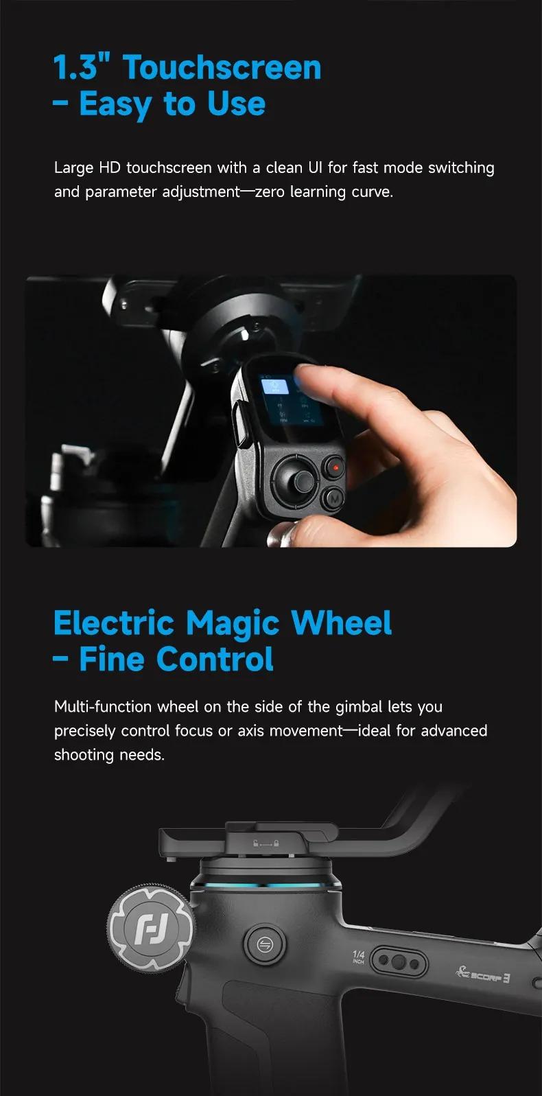 FeiyuTech SCORP 3 Gimbal Stabilizer with AI Tracking, 3-Axis Handheld Stabilizer for Sony Canon DSLR, 3.5kg/7.72lbs Payload, Detachable Wireless Remote Control Handle for Solo Filmmaking