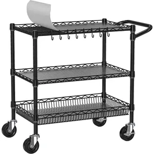 Heavy Duty Rolling Cart with Wheels, 3 Tier Commercial Grade Utility Cart, Metal Kitchen Storage Trolley with Handle Bar & Shelf Liner for  Service Tool, Black
