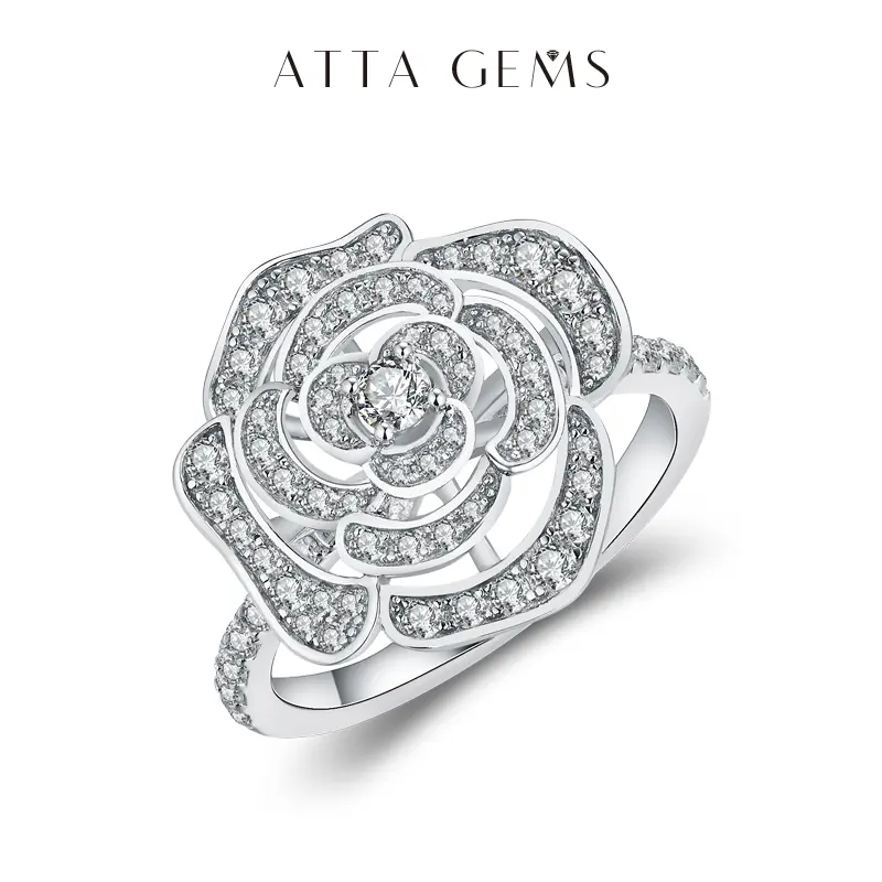Elegant Moissanite Ring for Women, Solitaire Engagement Band with Camellia Detail, D VVS1 Diamond Alternative Jewelry Gift, Jewelry Rings, Engagement Ring, Jewelry For Women