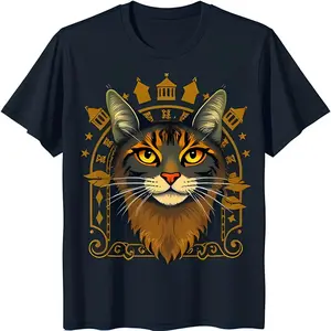 Elegant Cat Head Graphic T-Shirt & Black With Gold Accents