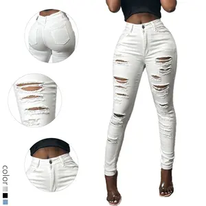 Women's High Rise White Ripped Skinny Jeans Edgy Distressed Denim Casual Trendy Ripped Details Flattering High-Waisted Silhouette