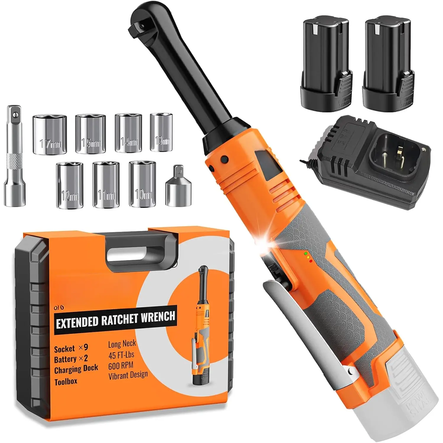 3/8" Extended Electric Ratchet Wrench Set, 600 RPM 18V CordlessLong Neck Power Ratchet Wrench Kit with Variable Speed Trigger 2Packs 2.0Ah Lithium-on ? LED Light and 9 Sockets